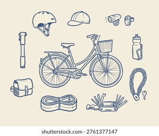 Line-drawn bicycle with basket surrounded by cycling accessories including helmet cap flashlight mug water bottle chain lock multi-tool rope bag and hand pump representing essential gear for riders