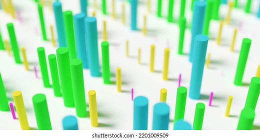 Lines Of Cylinders With Different Height On White Background, Abstract Modern Data Visualisation, Science, Research Or Business Datum Concept, 3D Illustration