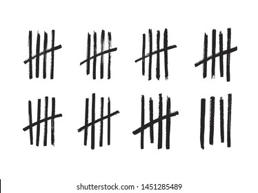 Lines or sticks hand drawn with brush strokes sorted by four and crossed out. Simple mathematical count visualization, prison or jail wall counter, tally marks. Monochrome illustration