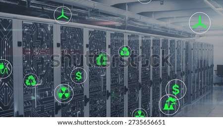 Lining server racks with circuit fronts and cable trays down datacenter aisle, showing green icons. Cabinet, data, facility, technology, efficiency, automation, perspective