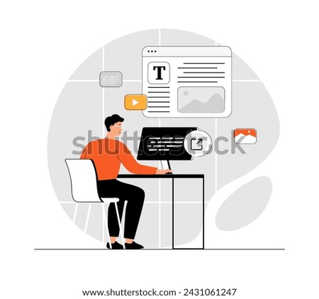Link building concept. Man with external links create connections between websites. Search engine optimization, SEO, hyperlink. Illustration with people scene in flat design for website and mobile