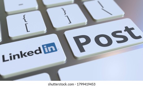 Linkedin Company Logo And Post Text On The Keys Of The Computer Keyboard, Editorial Conceptual  3D Rendering