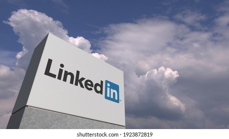 Linkedin Logo Against Sky Background, Editorial  3D Rendering