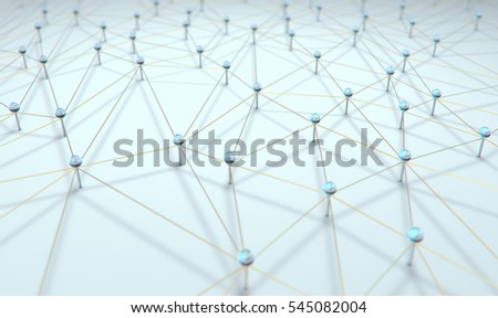 Linking entities. Network, networking, social media, connectivity, internet communication abstract. Web of thin golden wires and hud and blue glass balls on white background.