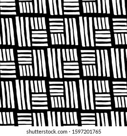 Linocut Black Elements On White Background. Seamless Black Linocut Lines Pattern. Linocut Square Seamless Print.  Great For Label, Print, Packaging, Fabric. 