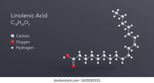 linolenic acid molecule 3d rendering, flat molecular structure with chemical formula and atoms color coding