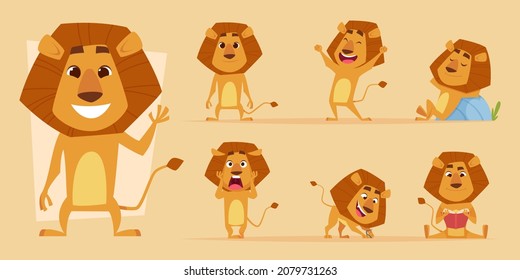 Lion Cartoon. Wild African Animal In Action Poses Safari Lions Characters Isolated