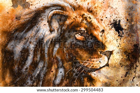 lion collage on color abstract  background,  rust structure, wildlife animals