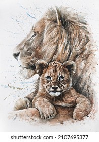 Lion Dad And Son Watercolor Painting