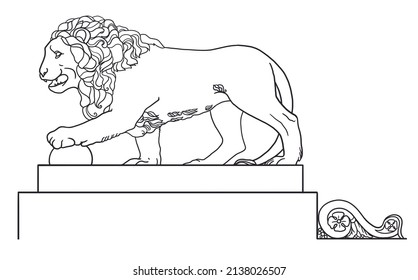 Lion At The Dvortsovaya Pier In Saint Petersburg Russia, Line Art Sculpture Drawing, Hand Drawn City Scape Illustration On White Background