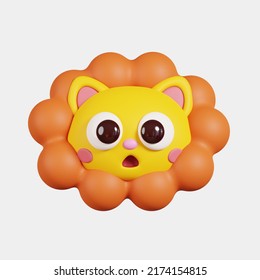 Lion Face Front View Isolated on White Background. Cute Cartoon Animal Head. 3D Render Illustration