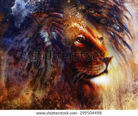 lion face profile portrait, on colorful abstract  background.