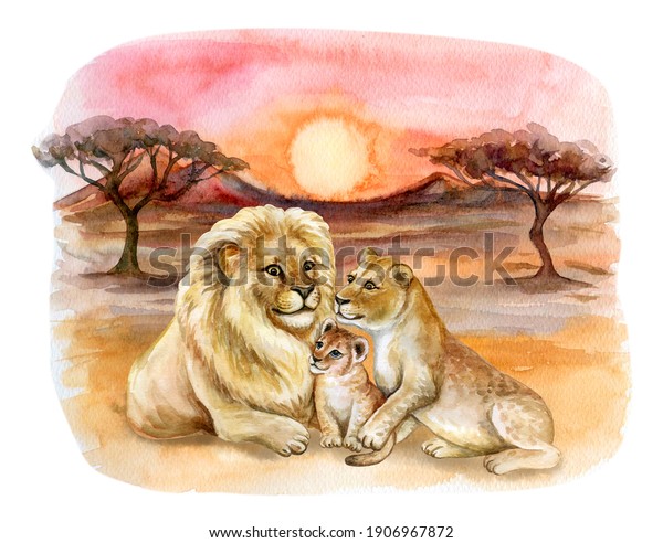 Lion family. African landscape. Savannah. Father, mother, child, baby, The lion, the lioness, the lion cub. Lion Pride. Watercolor. Illustration. Template. Wallpaper