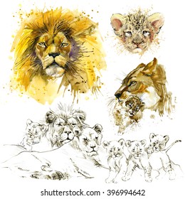 Lion Family Watercolor Illustration Set 260nw 396994642 