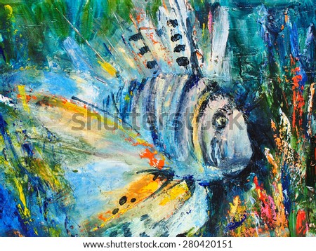 Lion fish, zebra fish, striped lion fish. Oil on canvas
