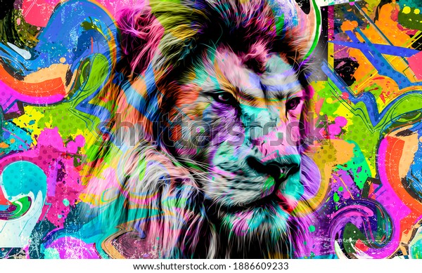 lion head in colorful graffiti paint.