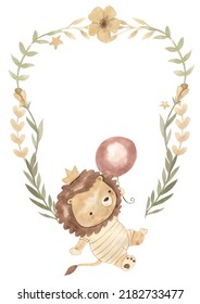 Lion On Balloon Watercolor Template For Nursery, Baby Shower, Invitation For Birthday Party 