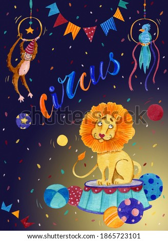 Lion, parrot, monkey performing at the circus
