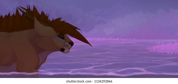 Lion And Purple Pond