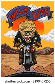 Lion Riding Motorcycle In Wild Ride With Orange Sky Background Illustration