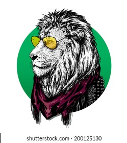 Lion Wearing Glasses And Color Scarf With Drawing.