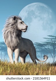 A Lion With A White Coat And Mane Stands In Grassy Savanna Of Africa. Overhead The Full Moon Rests In The Afternoon Sky Almost Creating A Halo For The Big Cat. 3D Rendering