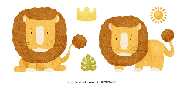 Lions, crown, Monstera leaf, sun. Baby set of Jungle leo. Isolated hand drawn watercolor illustrations of African animals. Clipart for design baby shower cards, kid's goods - Powered by Shutterstock