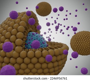 Lipid bilayer coating mesoporous silica nanoparticle as nanodrugs carrier or delivery. Nanomedicine release from encapsulated nanocarrier 3d rendering