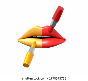 Lips Painted With Red And Yellow Lipstick. 3D Rendering