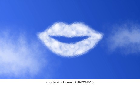 Lips symbol or icon with a cloud effect in a blue sky, representing romance, communication, beauty, and expression. Ideal for love, fashion, creativity, and artistic concepts