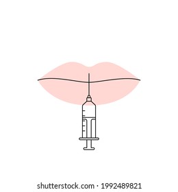lips and syringe sign. concept of lip augmentation, shape correction, botox or hyaluronic acid injection, plastic with filler, facial rejuvenation. simple design. contour isolated on white background