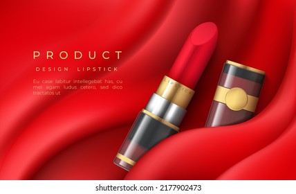 Lipstick Background. Realistic Advertising Banner With Red Goods For Lips, Luxury Cosmetic Poster. Elegant Makeup Product On Pleated Fabric.  Beauty Packaging Design Template