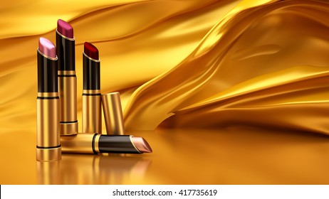 Lipstick On A Background Of Flying Gold Cloth. The Tube, Bottle, Style, Makeup, Lips, Beauty, Make-up, Facials. Cosmetics. 3D Rendering