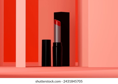 Lipstick is placed neatly on the red background, 3d render. 3D Illustration - Powered by Shutterstock