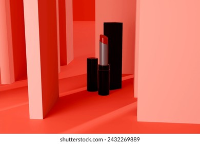 Lipstick is placed neatly on the red background, 3d render. 3D Illustration - Powered by Shutterstock