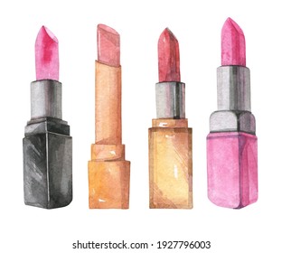 Lipstick Set. Watercolor Drawing. Decorative Cosmetics.