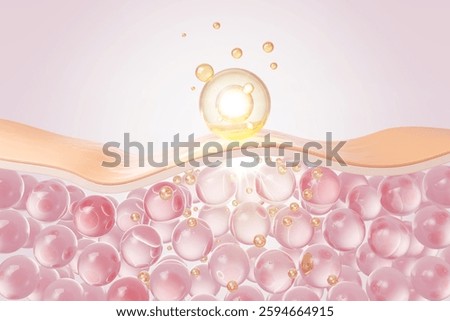 Liquid Bubble Oil with Molecule drop on skin cell.serum through the skin layer and reduce up saggy skin, 3d rendering.