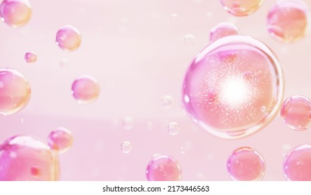 Liquid Bubbles Floating. Blue Collagen Bubbles. Concept For Cosmetics. 3d Cosmetic Molecule Cream. 