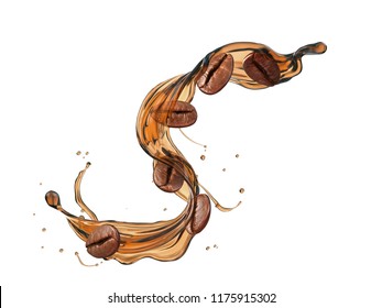liquid Coffee splash shape with Coffee bean, isolated design element with Clipping path, 3d illustration.