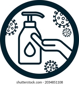 Liquid Hand disinfectant sign with bottle and hands to prevent Covid-19 virus spread