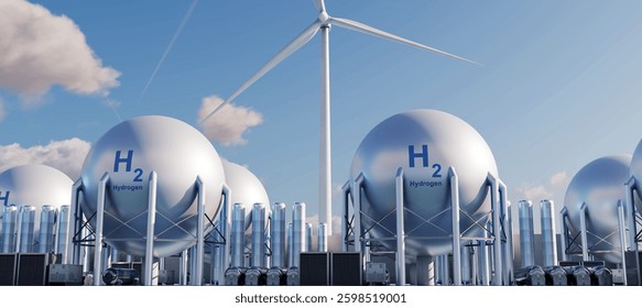 Liquid hydrogen storage facility utilizing multiple spherical tanks within a liquefied gas factory. Glow effect. 3d illustration
