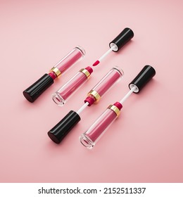 Liquid Lipstick And Applicator Set On Pink Color Background. Open Tube Of Lip Gloss And Wand Brush On Pastel Coral Surface. Top View, Flat Lay 3d Illustration