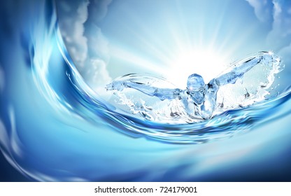 Liquid made swimmer swimming butterfly stroke with blue sky, 3d illustration - Powered by Shutterstock