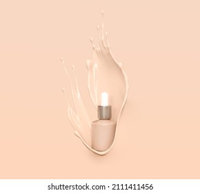 Liquid Makeup Foundation Bottle With Cosmetic Foundation Cream Splash. Illustration 3d Rendering.