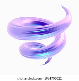 Liquid Metal 3d Render Swirl Brush Sroke Isolated On A White Background. Artistic Abstract Iridescent 3d Pink Paintbrush Illustration. Presentation Or Fashion Holographic Spiral Trendy Ribbon Concept.