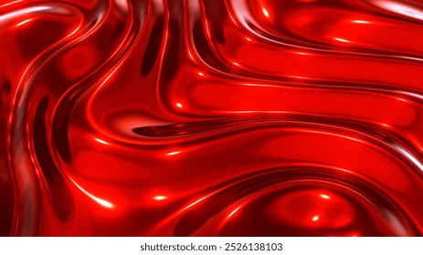 Liquid red chrome waves background, shiny and lustrous metal pattern texture, silky 3D render illustration.