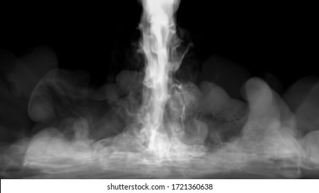 Liquid Smoke Falling Down On Surface On Lights. Dry Ice Drop Spreading On Floor. White Cloud Swirling On Black Background. Abstract Isolated Smoke. Physical 3D Illustration