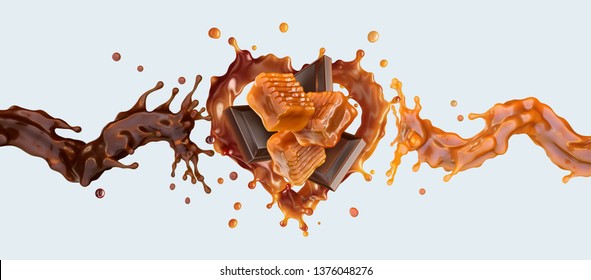 Liquid Sweet Melted Caramel Or Caramel Sauce, Melted Chocolate Wave Splashes With Chocolate Pieces Bars, Toffees Candies Heart. Yummy Caramel And Chocolate Ad Design Heart Template. Clipping Path. 3D