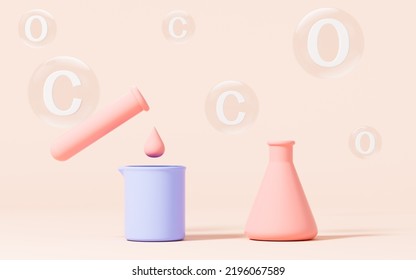 Liquid In The Test Tube Is Poured Into The Beaker, Experimental Equipment With Pink Background, 3d Rendering. Computer Digital Drawing.