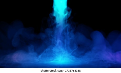 Liquid Ultramarine Smoke And Fog Falling Down On Surface In Colored Lights. Dry Ice Drop Spreading On Floor. Inky Cloud Swirling. Abstract Isolated Smoke. Physical 3D Illustration